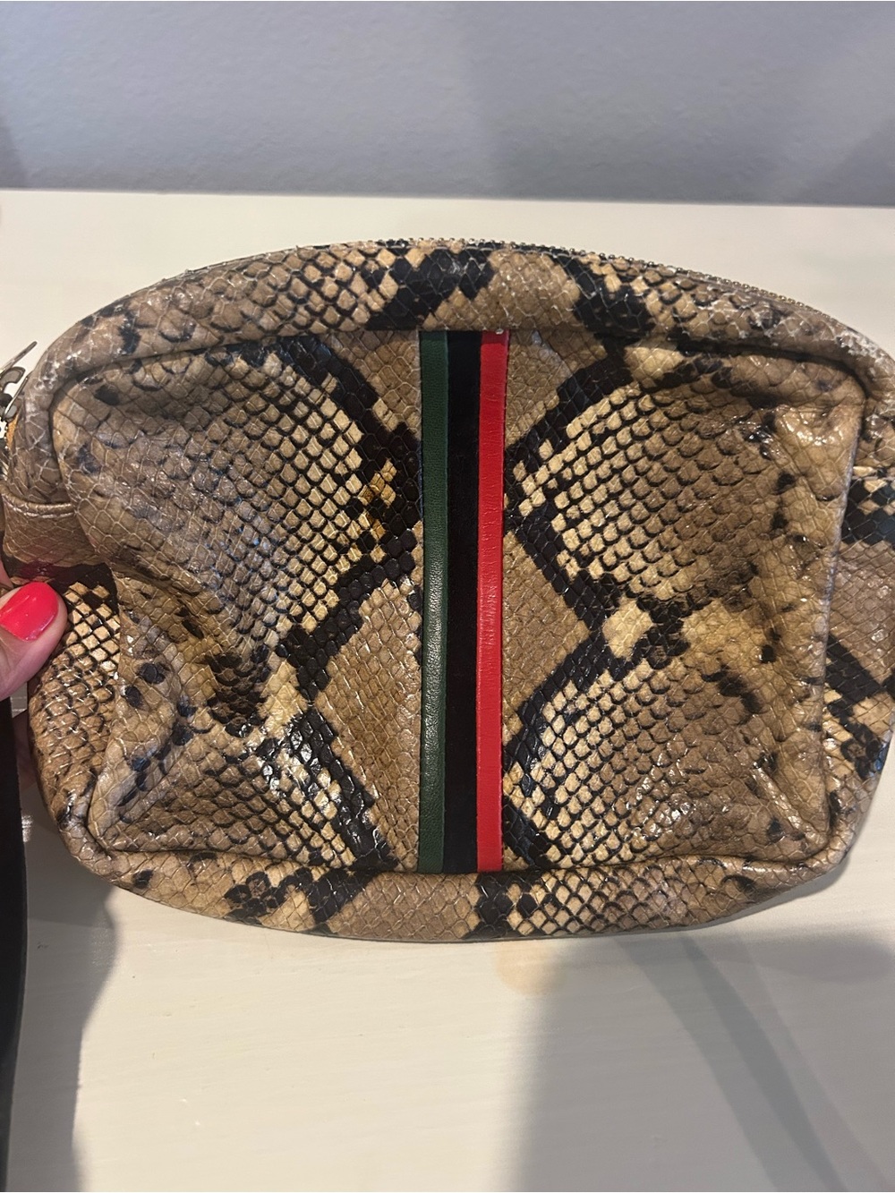 Clare V Tan Snake Print Crossbody with Red and Green Stripes